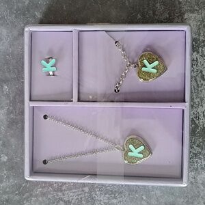 Justice Silvertone Heart Locket Jewelry Set w/ Initial "K"